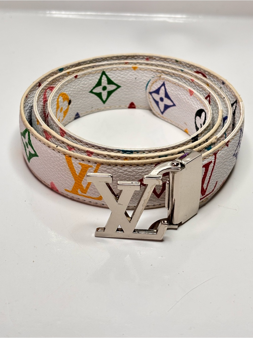 Vintage Louis Vuitton White Multicolor Monogram LV Buckle Belt